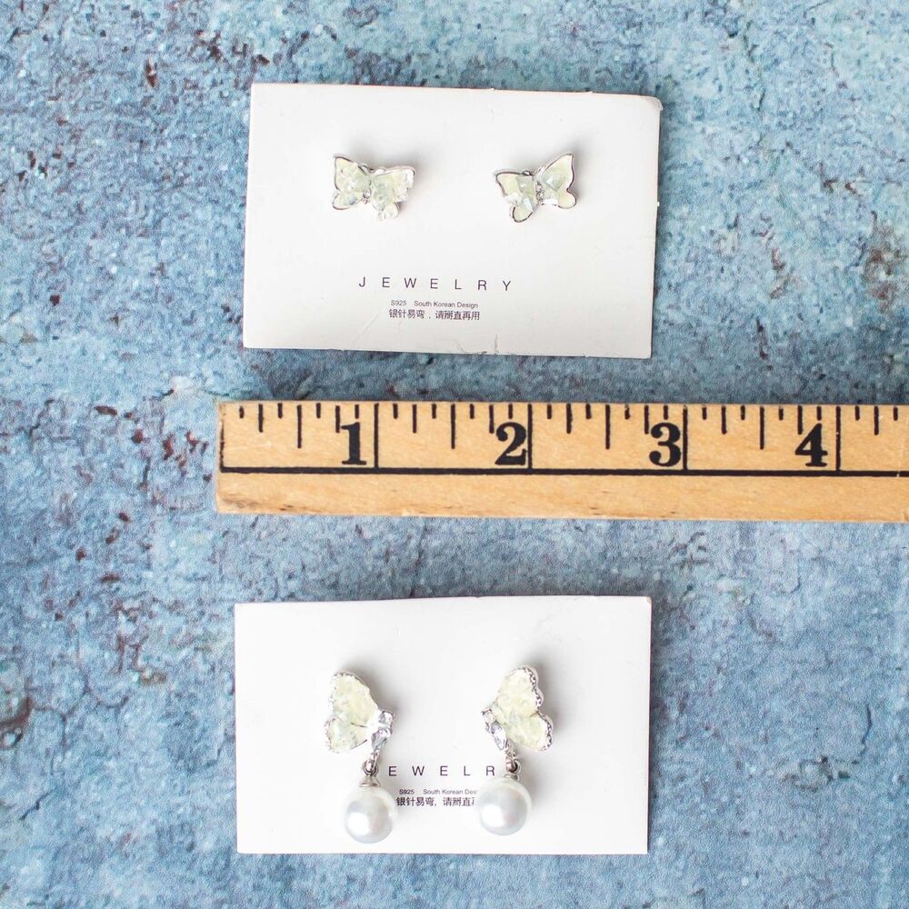 2 Pair S925 Butterfly Earrings Stud & Pearl Drop Crystal South Korean Style